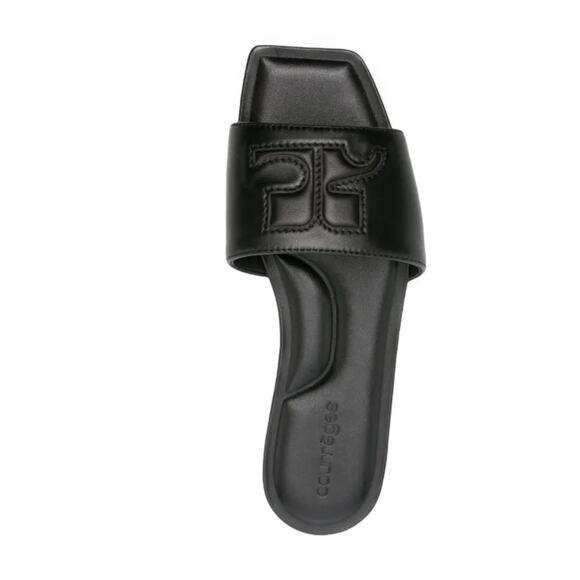 Courreges Logo Patch Leather Slide Sandals in Black 36